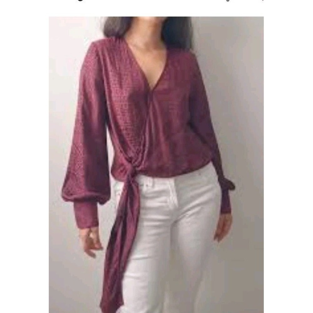 HALOGEN Burgundy Wrap Blouse Nordstrom XL Long Sleeve Animal Print Tie Waist Top